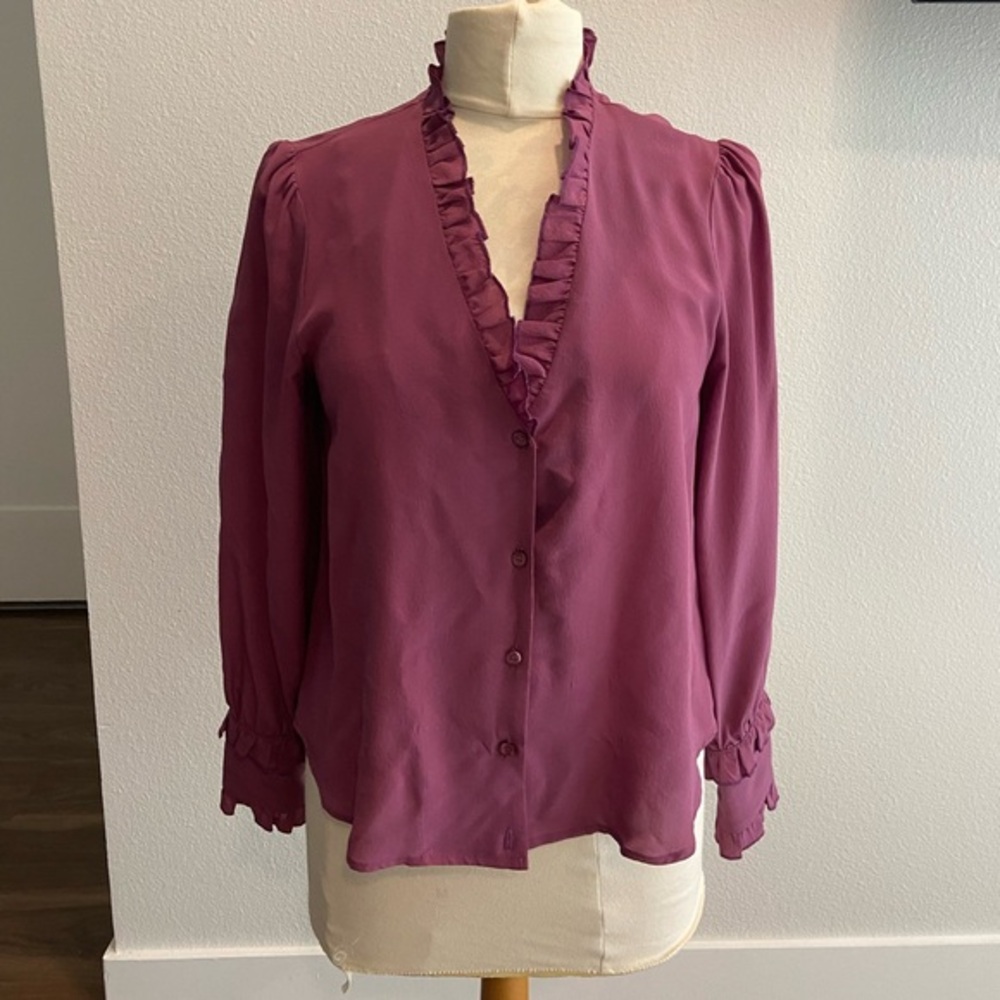 Lavender Brown Vintage Silk Ruffled V-Neck Blouse - Mauve